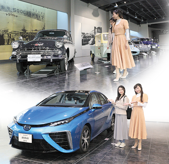 ガソリン自動車第1号と言われるドイツ製三輪車から水素で走るMIRAIまで展示。