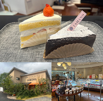 パティスリーTAMANOの店内と印南のイチゴを使ったショートケーキ