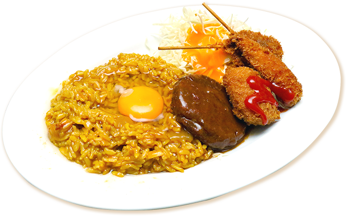 混ぜカレーにハンバーグや串カツなどを添えた「ハイカラセット（1,540円）」