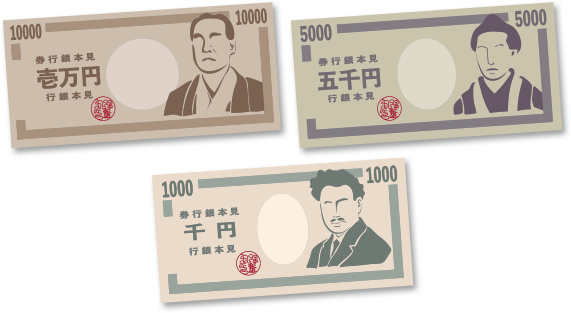 福沢諭吉の一万円札、樋口一葉の五千円札、野口英世の千円札